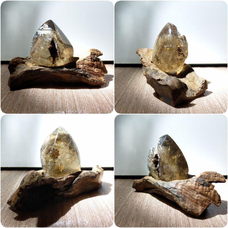 鈦晶擺件 隨型鈦晶柱 鈦晶花 太陽花 千層白幽靈 紅幽靈 有彩 帶雲母片 特製木座-細節圖7