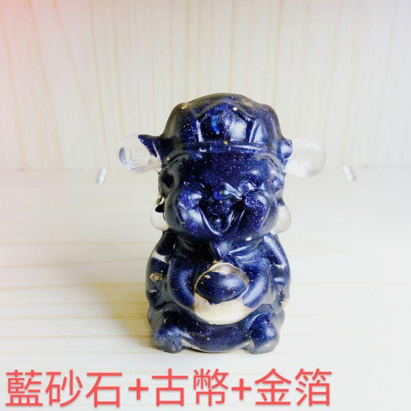 碎石能量石 碎石水晶財神爺 碎石水晶擺件 奧根塔 水晶滴膠 藍砂石 金太陽 金箔 古幣-細節圖5