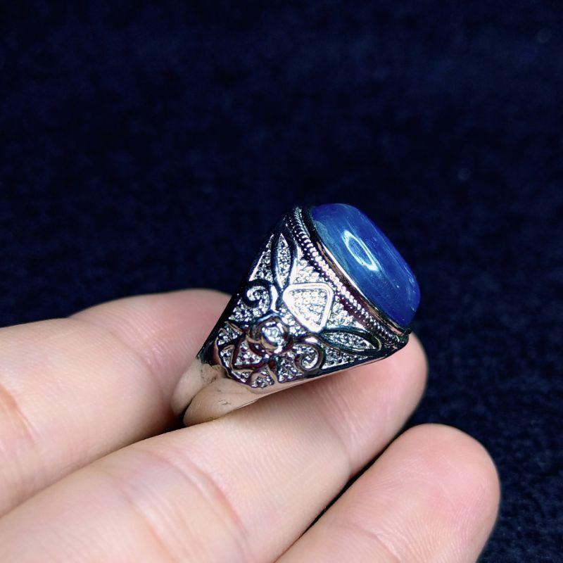 藍晶石戒指 藍晶石男戒 透光 貓眼效應 天然無優化無染色 s925銀活尾-細節圖3