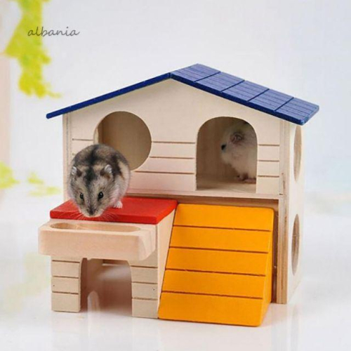 倉鼠用品玩具小寵物高檔藍頂雙層窩屋房子別墅實木小木屋 鼠窩 鼠屋 倉鼠小木屋