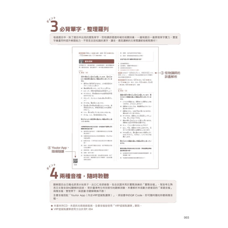 怪物講師教學團隊的JLPT N2日檢6回全真模擬試題+解析(2書+附「Youtor App」內含VRP虛擬點讀筆+防水書-細節圖3