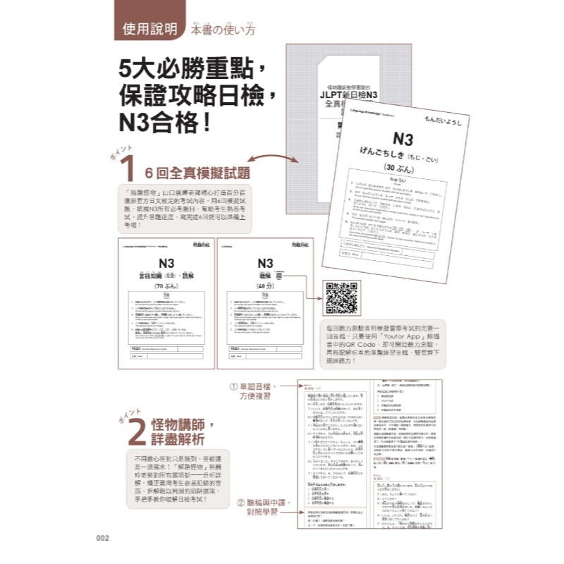 怪物講師教學團隊的JLPT N3日檢6回全真模擬試題+解析(2書+附「Youtor App」內含VRP虛擬點讀筆+防水書-細節圖2