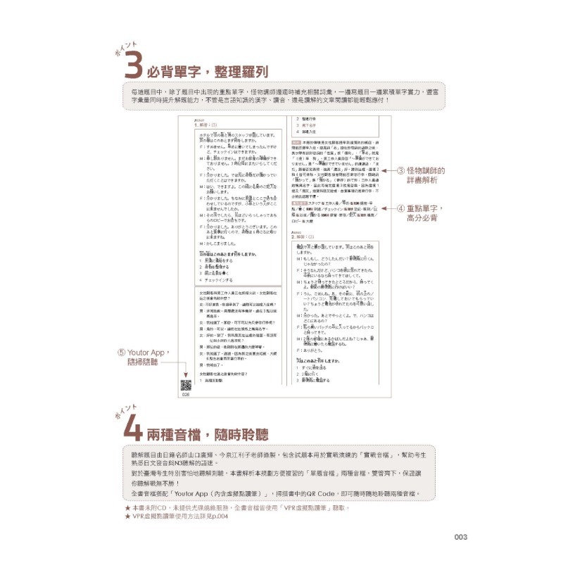 怪物講師教學團隊的JLPT N3日檢6回全真模擬試題+解析(2書+附「Youtor App」內含VRP虛擬點讀筆+防水書-細節圖3