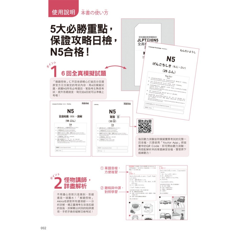 怪物講師教學團隊的JLPT N5日檢6回全真模擬試題+解析(2書+附「Youtor App」內含VRP虛擬點讀筆+防水書-細節圖2