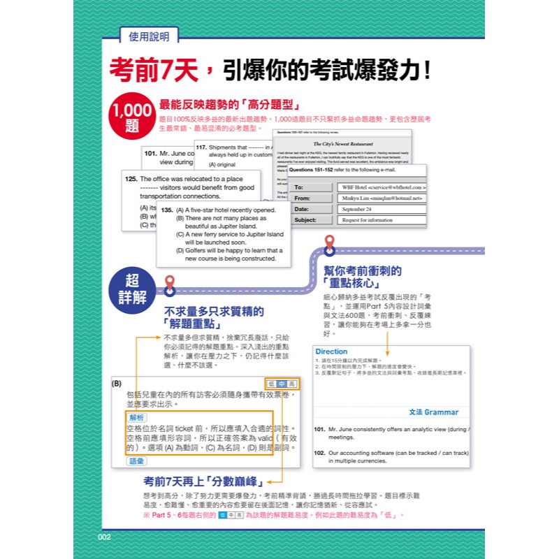 7天攻頂，怪物講師教學團隊的TOEIC多益閱讀10回1,000題全真模擬試題+解析(2書+防水書套)-細節圖2