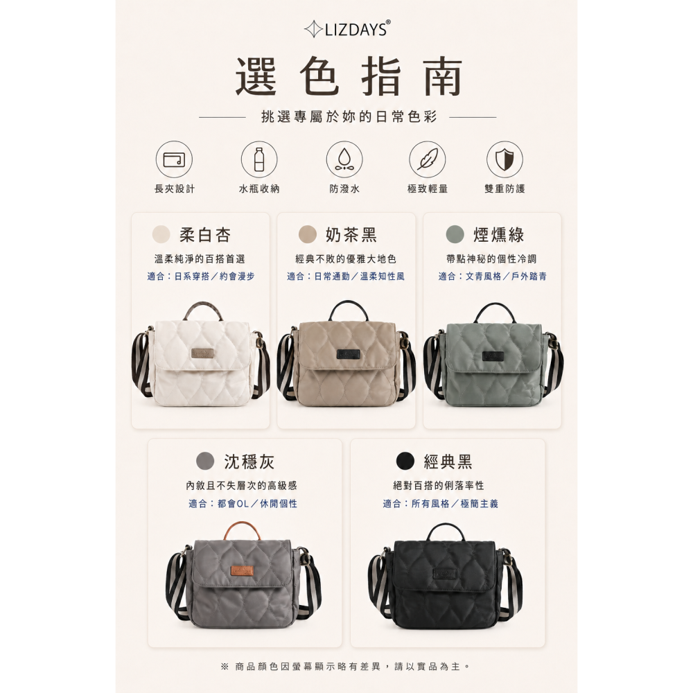 【防竊大容量】LIZDAYS 日系多功能長夾包 菱格防潑水小包 輕量尼龍斜背包 多隔層 ｜ 媽媽包/上班通勤-細節圖10
