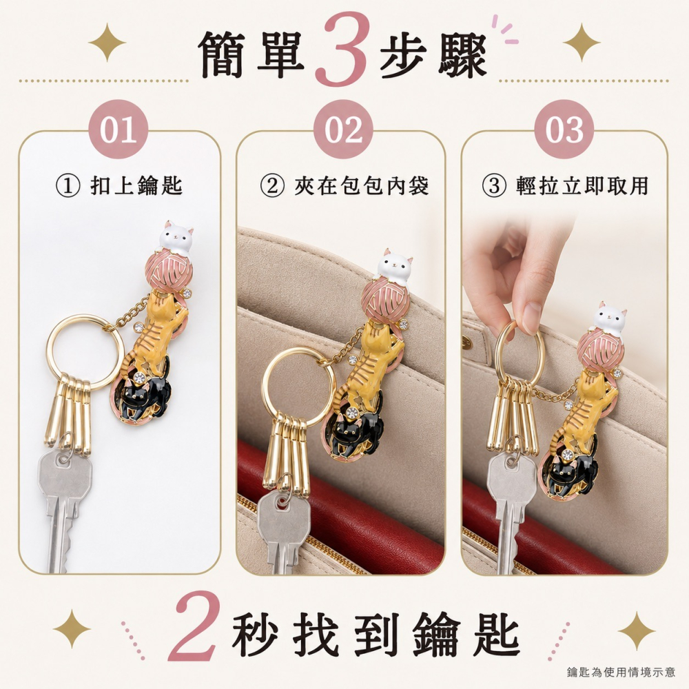 【告別包包海底撈】日本3carat包包鑰匙夾 貓咪三兄弟 扣環 ｜ 貓奴與都會上班族必備，一秒抽出鑰匙超優雅的實用配件-細節圖6