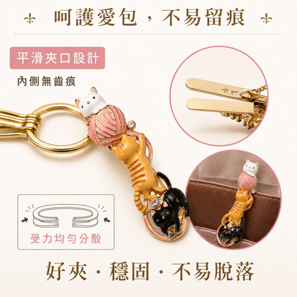 【告別包包海底撈】日本3carat包包鑰匙夾 貓咪三兄弟 扣環 ｜ 貓奴與都會上班族必備，一秒抽出鑰匙超優雅的實用配件-細節圖7