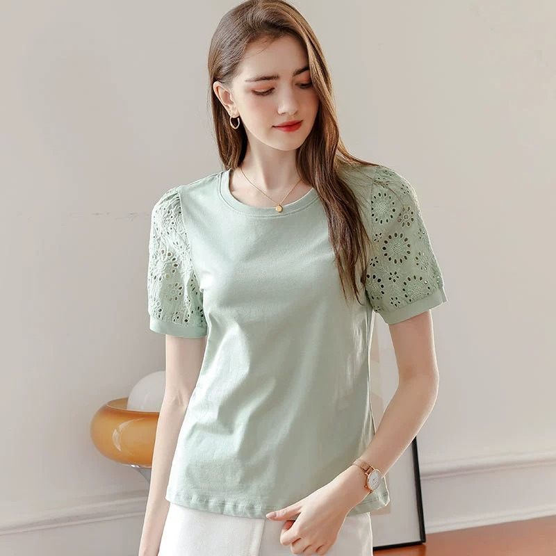​純棉涼感順滑短袖T恤女夏季圓領鏤空袖打底衫薄款內搭經典休閒上衣-細節圖2