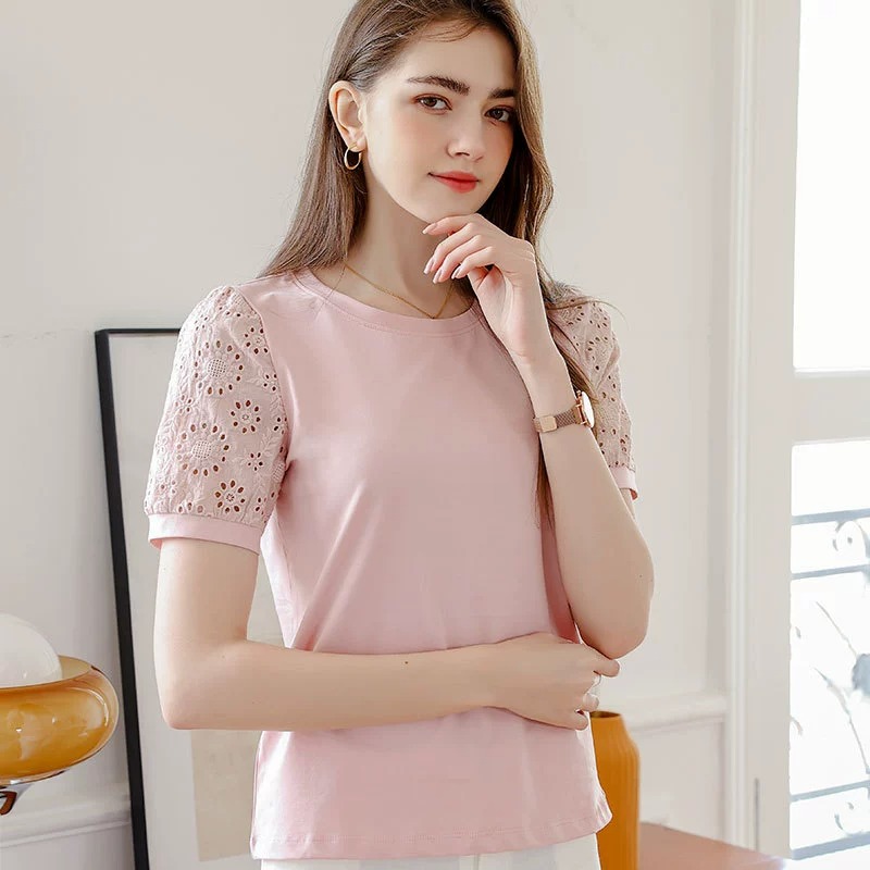 ​純棉涼感順滑短袖T恤女夏季圓領鏤空袖打底衫薄款內搭經典休閒上衣-細節圖3