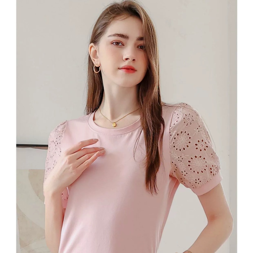 ​純棉涼感順滑短袖T恤女夏季圓領鏤空袖打底衫薄款內搭經典休閒上衣-細節圖4