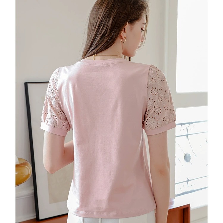 ​純棉涼感順滑短袖T恤女夏季圓領鏤空袖打底衫薄款內搭經典休閒上衣-細節圖5