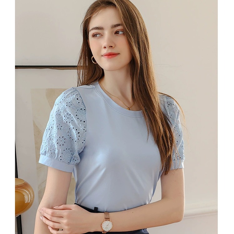 ​純棉涼感順滑短袖T恤女夏季圓領鏤空袖打底衫薄款內搭經典休閒上衣-細節圖6