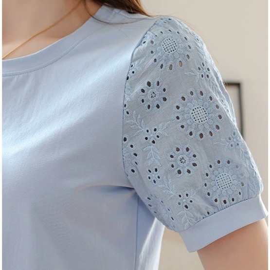 ​純棉涼感順滑短袖T恤女夏季圓領鏤空袖打底衫薄款內搭經典休閒上衣-細節圖7