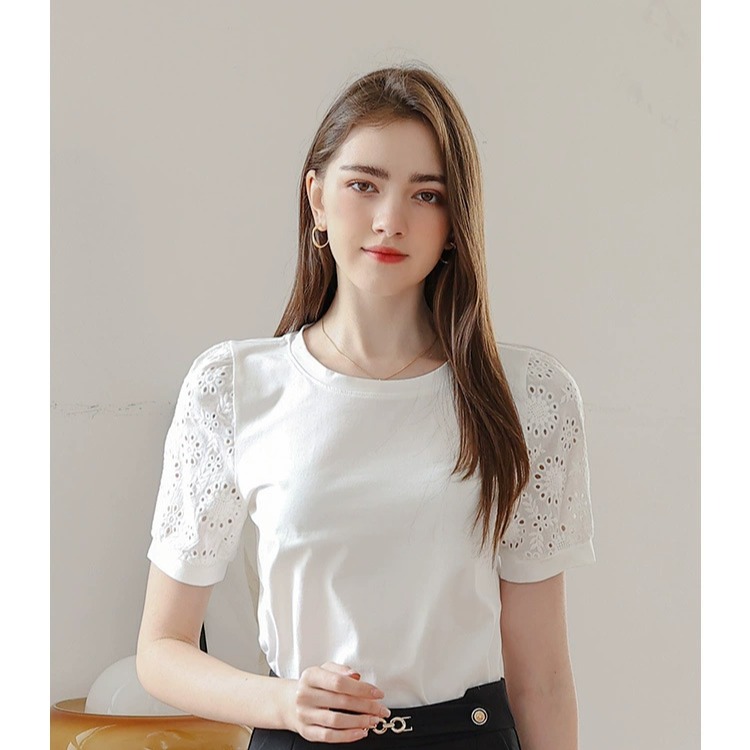 ​純棉涼感順滑短袖T恤女夏季圓領鏤空袖打底衫薄款內搭經典休閒上衣-細節圖8