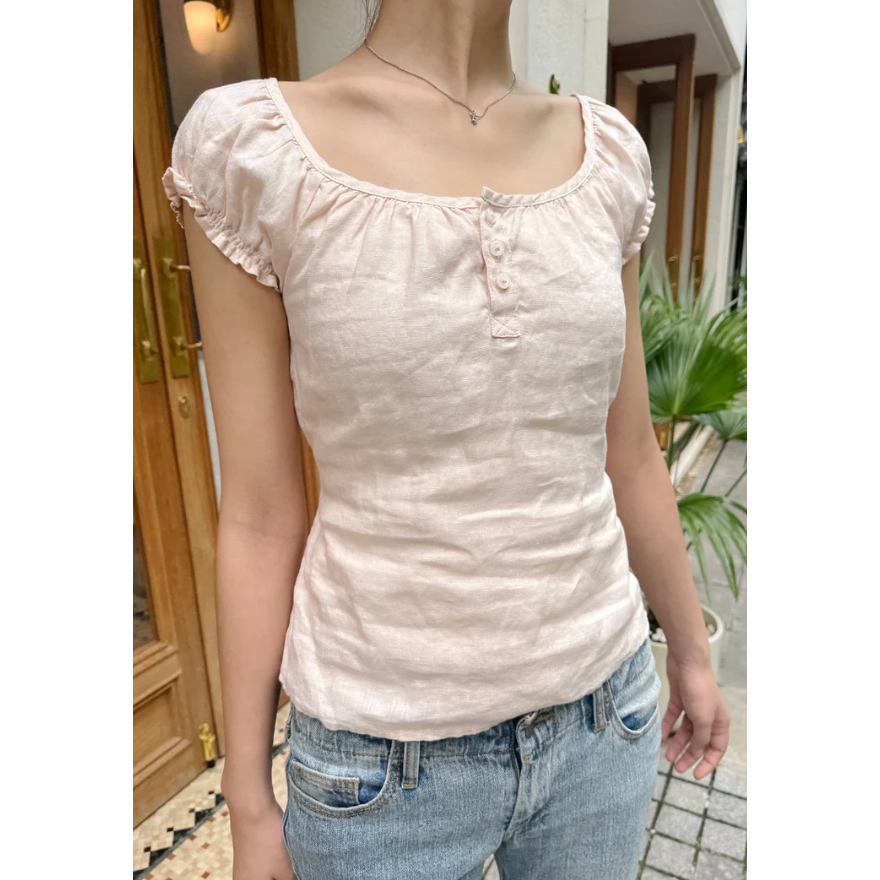 現貨⊹淺粉排扣亞麻短袖 🎀 Clarisse Top-細節圖2