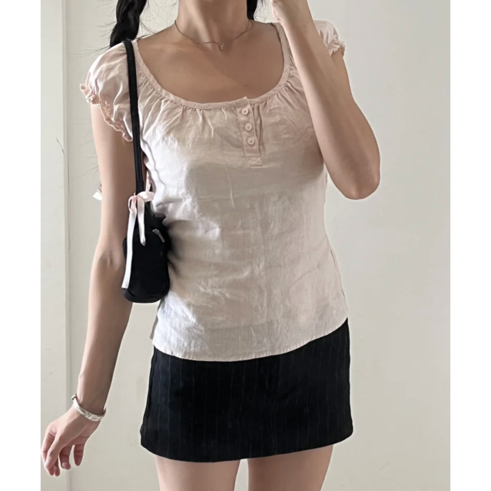 現貨⊹淺粉排扣亞麻短袖 🎀 Clarisse Top-細節圖3