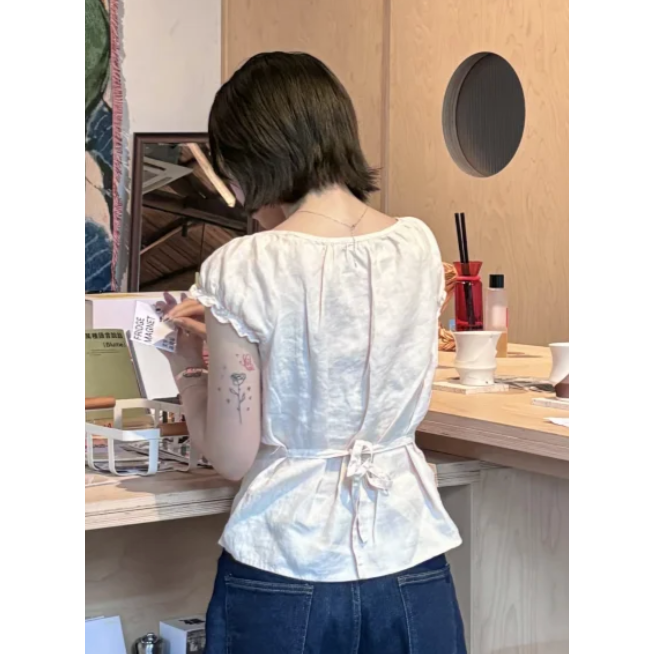 現貨⊹淺粉排扣亞麻短袖 🎀 Clarisse Top-細節圖4