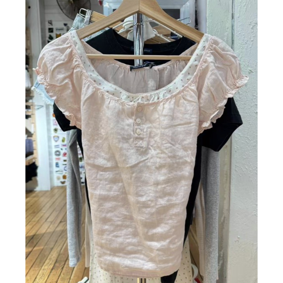 現貨⊹淺粉排扣亞麻短袖 🎀 Clarisse Top-細節圖5