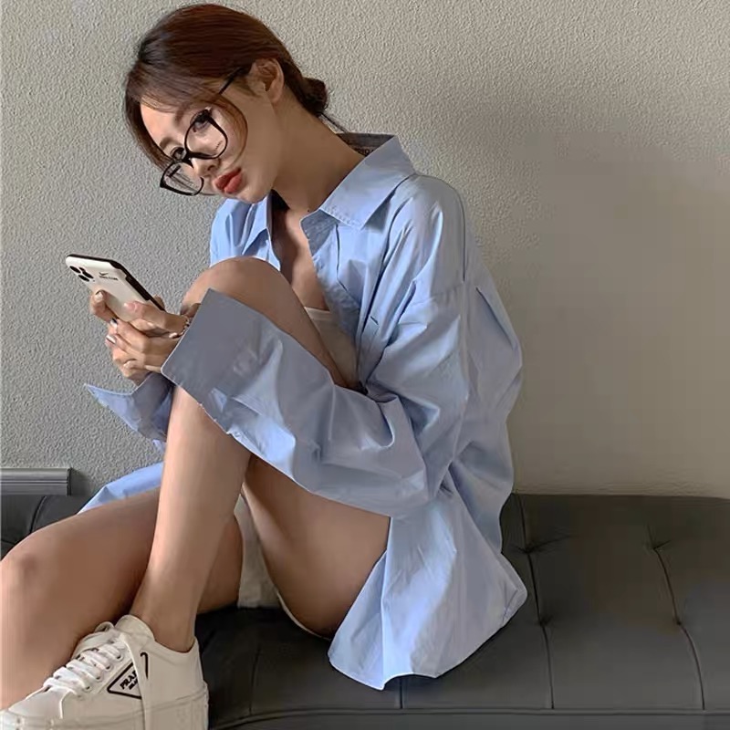 百搭 衣櫃必備藍色襯衫over size落肩長袖襯衫遮陽小外套 休閒單穿外搭 清新襯衫男友襯衫-細節圖2