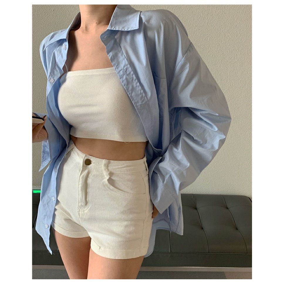 百搭 衣櫃必備藍色襯衫over size落肩長袖襯衫遮陽小外套 休閒單穿外搭 清新襯衫男友襯衫-細節圖3