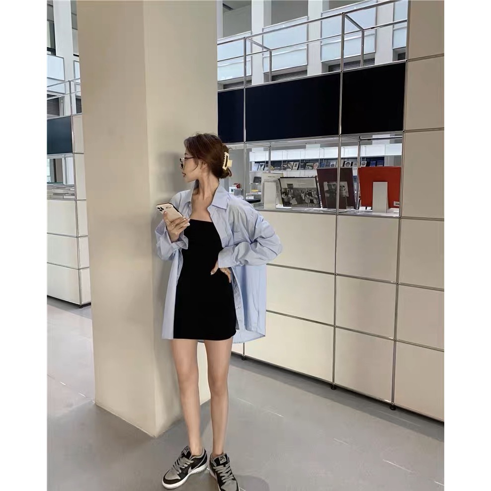 百搭 衣櫃必備藍色襯衫over size落肩長袖襯衫遮陽小外套 休閒單穿外搭 清新襯衫男友襯衫-細節圖6