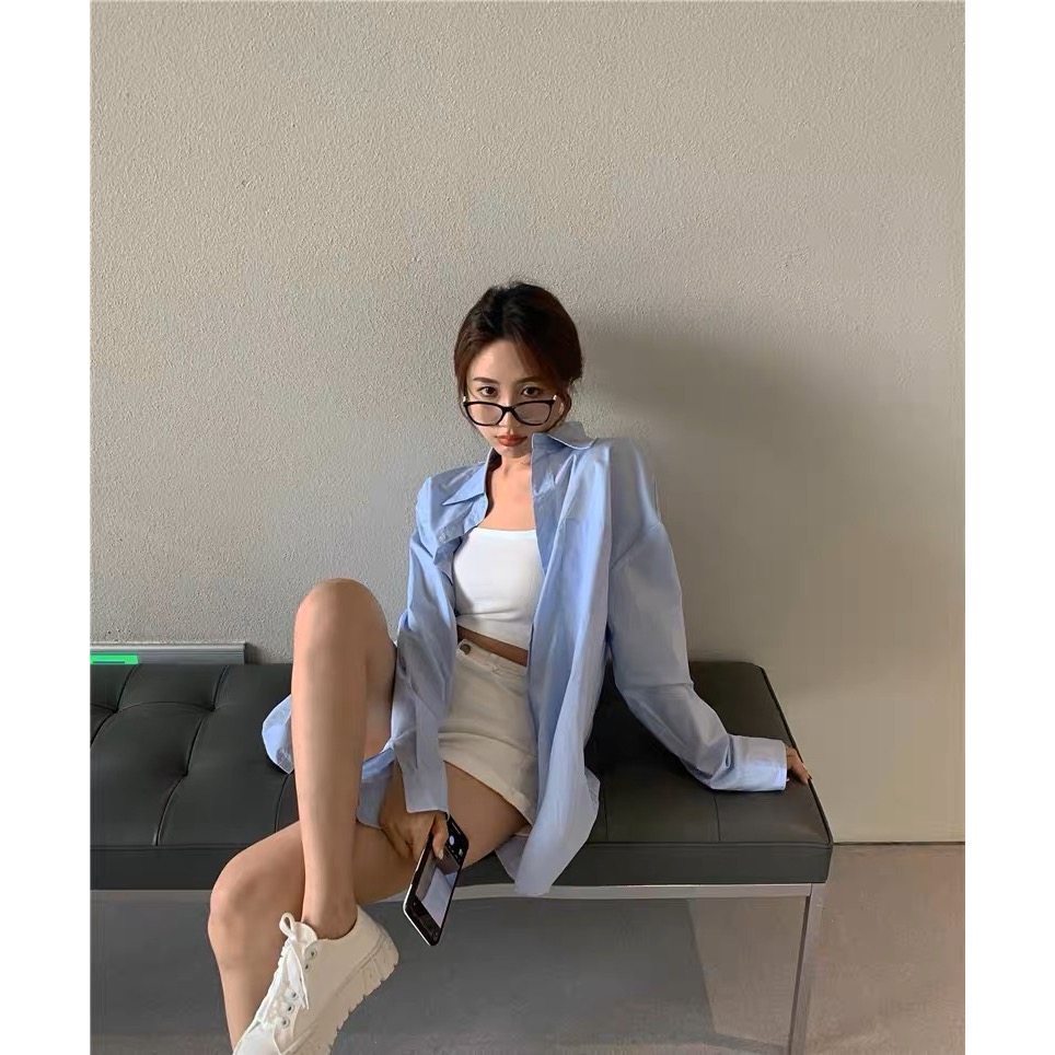 百搭 衣櫃必備藍色襯衫over size落肩長袖襯衫遮陽小外套 休閒單穿外搭 清新襯衫男友襯衫-細節圖7