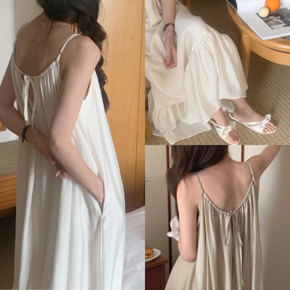 超仙🧚🏻‍♀️溫柔小姊姊 浪漫細肩帶洋裝 削肩圓領寬鬆長洋長版無袖連衣裙 綠色 卡其 米白色閨蜜洋裝-細節圖4