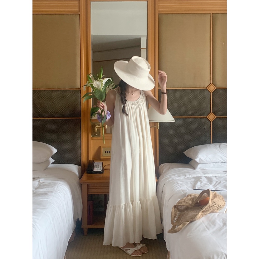 超仙🧚🏻‍♀️溫柔小姊姊 浪漫細肩帶洋裝 削肩圓領寬鬆長洋長版無袖連衣裙 綠色 卡其 米白色閨蜜洋裝-細節圖5