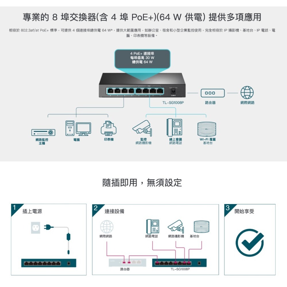 《免運 現貨 原廠》tp-link TL-SG1008P 4 PoE+ 8埠 10/100/1000 Mbps 交換器-細節圖3