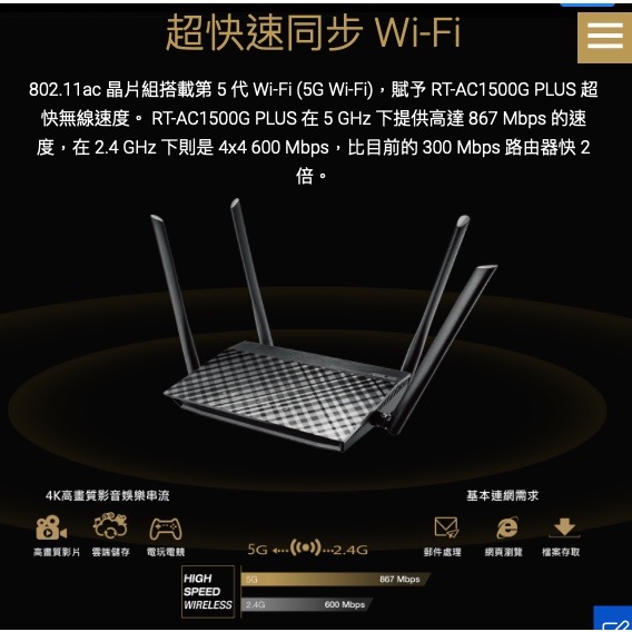 《 免運 送網路線 原廠 公司貨 》ASUS RT-AC1500G+ 雙頻 WiFi 5 高效能 無線 路由器 分享器-細節圖2