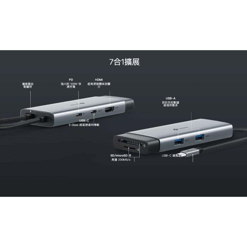 《 tp-link 4K HDMI 7合1》UH7020C USB Type-C 9埠 集線器 HUB 讀卡機 隨插即用-細節圖2