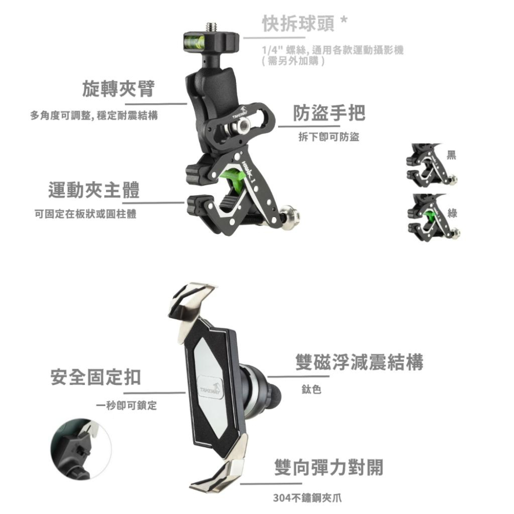 《雙磁浮 免運 現貨 2代 夾鉗式》TAKEWAY 黑隼 Z 機車 減震版 手機支架 HAWK1-PH05-AnvPro-細節圖5