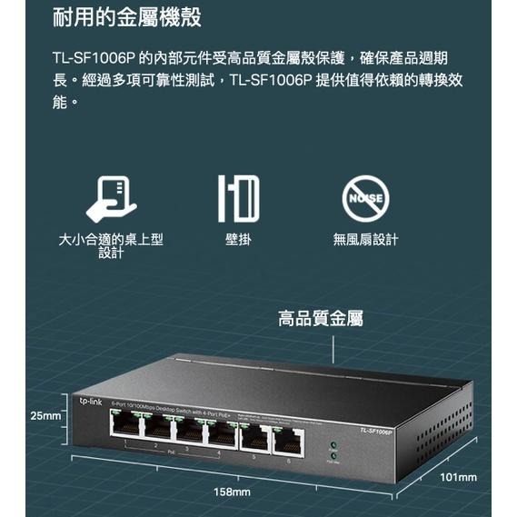 《 tp-link 免運 公司貨 6 埠 》TL-SF1006P 4 PoE+ 10/100Mbps 桌上型 交換器-細節圖2