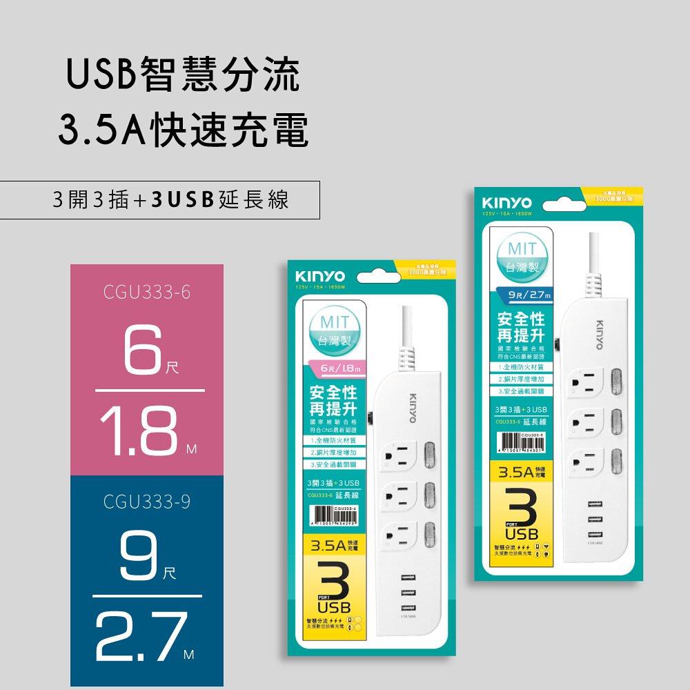《 免運 現貨 附發票 6孔 270cm 》KINYO CGU333-9 3開 3插 3USB 安全 延長線 2.7M-細節圖9
