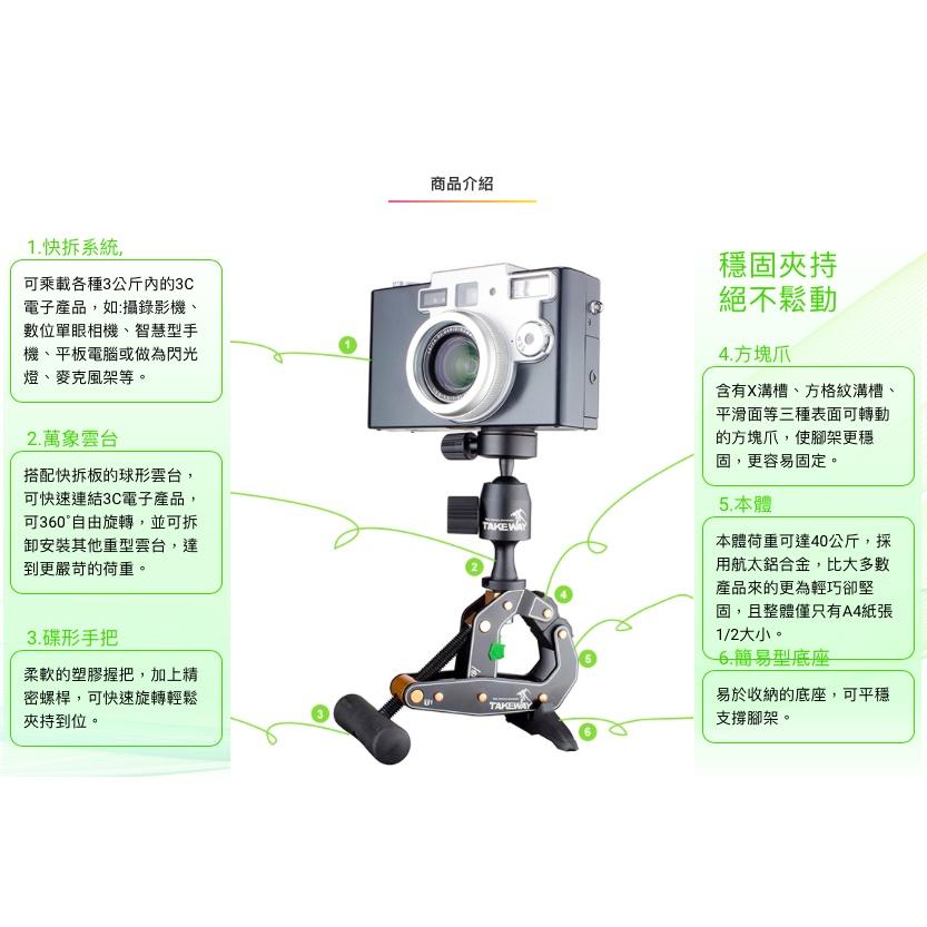《 免運 現貨 台灣製造 載重 40KG 》Takeway T1E 鉗式腳架 航太級鋁合金 可夾於 圓柱體 桌板 鉗式-細節圖9