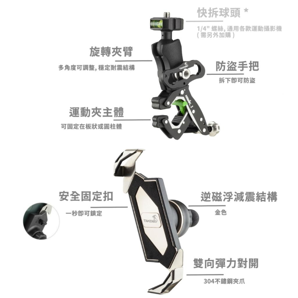 《 逆磁浮 免運 現貨 2代 夾鉗式 》TAKEWAY 黑隼 Z 機車 減震版 手機支架 HAWK1-PH05-AnvR-細節圖5