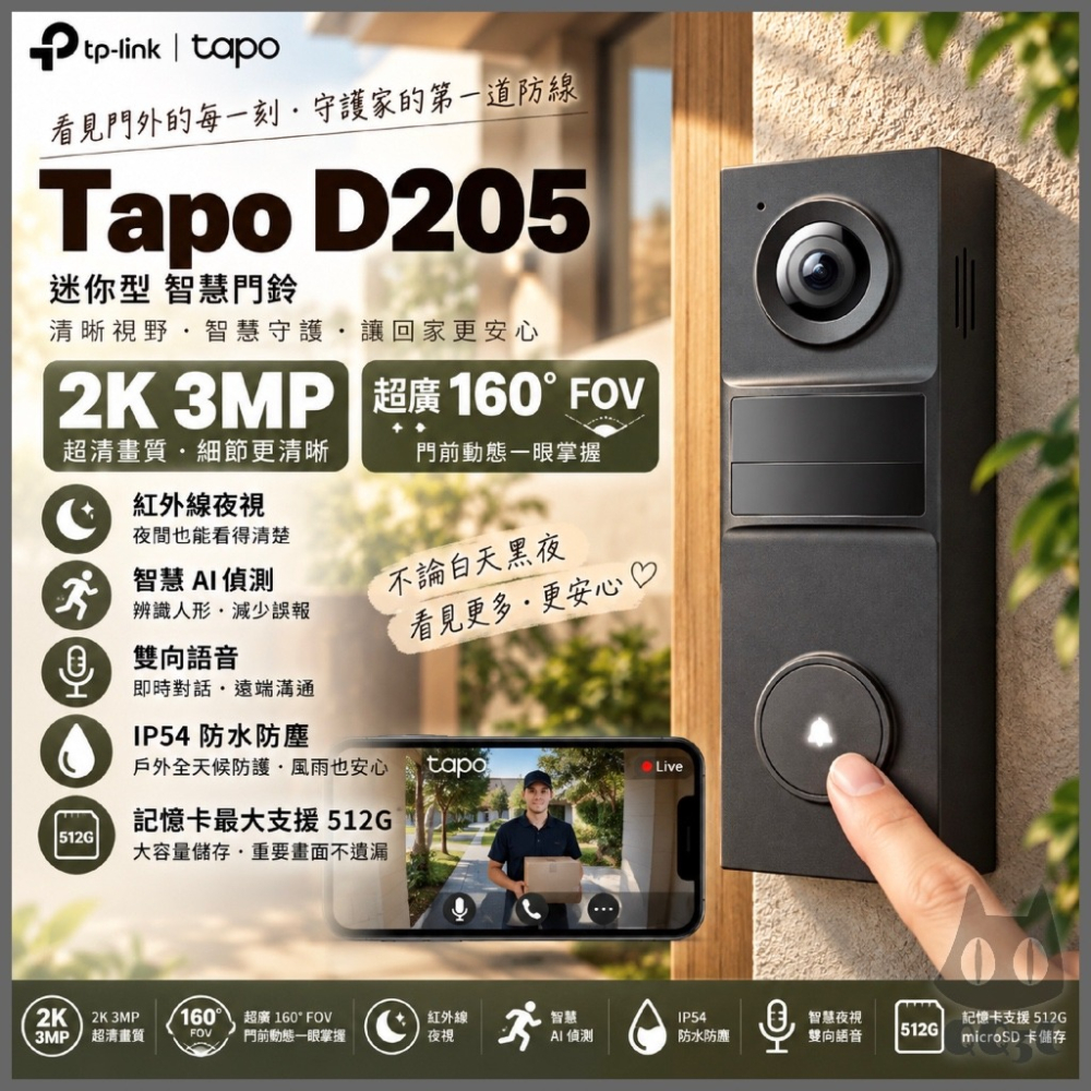 《 TP-LINK 無線 充電 2K 通話 》Tapo D205 智慧門鈴 可通話 攝影機 紅外夜視 門鈴 鏡頭