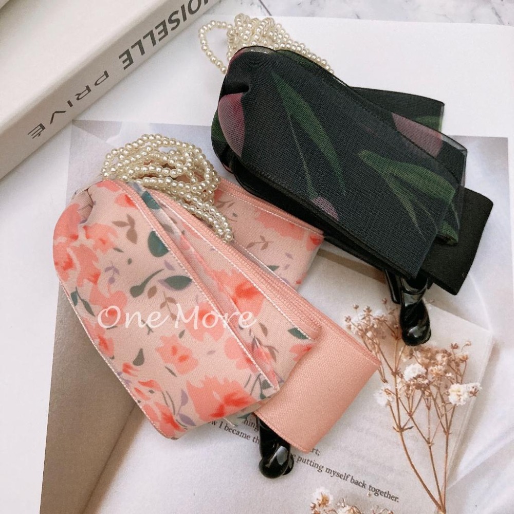 台灣現貨☑️韓國🇰🇷碎花 珍珠鍊 香蕉夾 相交夾 髮夾 髮圈 髮飾 頭飾 快速出貨-細節圖2