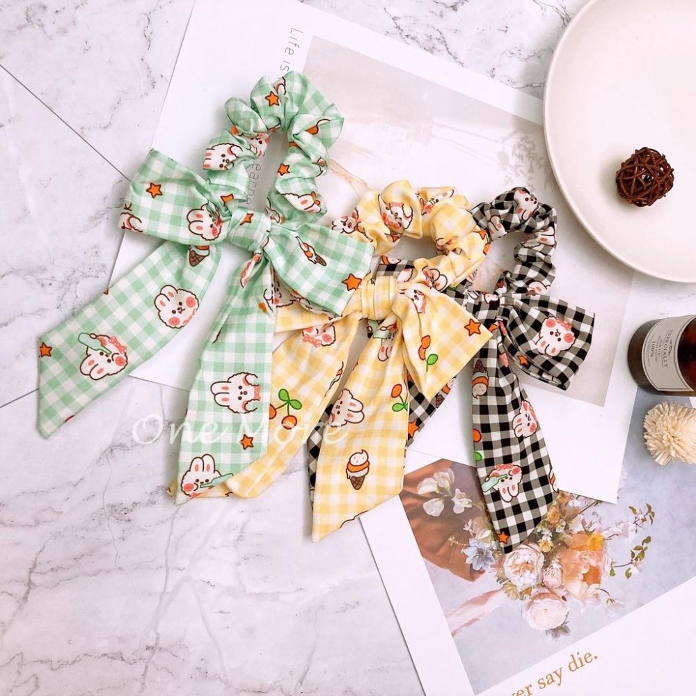 台灣現貨☑️格紋 格子 兔子 動物 甜點 冰淇淋 蝴蝶結 飄帶 腸圈 大腸圈 髮圈 髮飾 頭飾-細節圖2