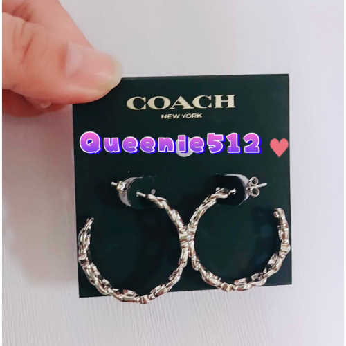 Coach C Logo 玻璃珍珠馬蹄圓弧針式耳環 銀色