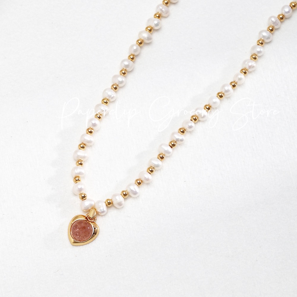 預購｜天然珍珠·草莓晶愛心項鍊-細節圖2