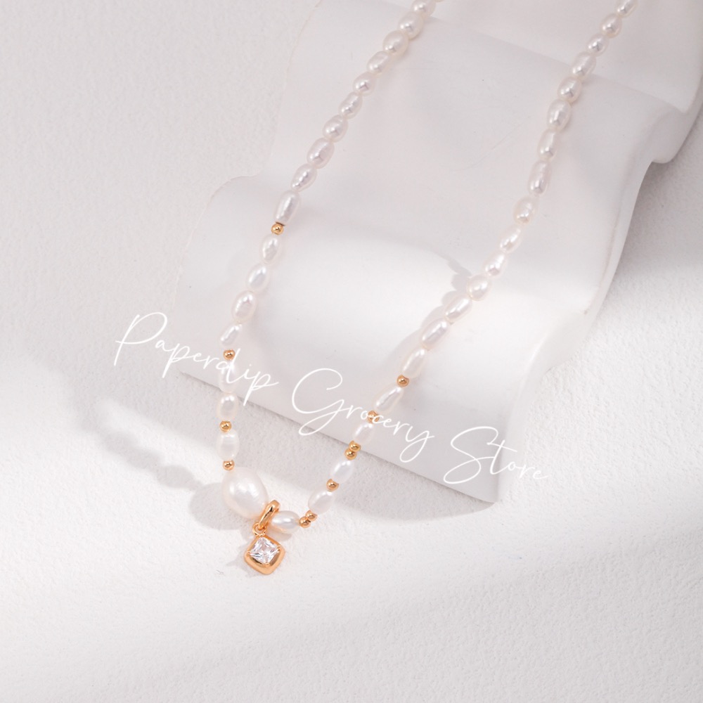 迴紋針雜貨店｜天然米珠巴洛克珍珠·皓石s925銀項鍊-細節圖2