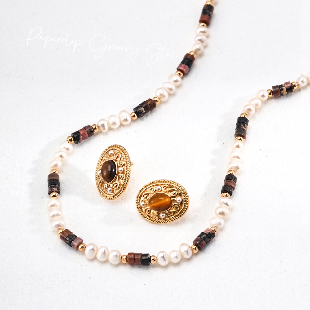 預購｜新中式虎眼石天然土豆珍珠OT釦項鍊-細節圖3