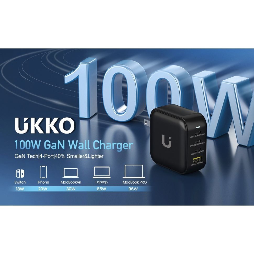 UKKO 100W GaN氮化鎵 4孔 (3C1A) 急充器 (雙色可選) 贈送PD 100W E-marker 數據線-細節圖2