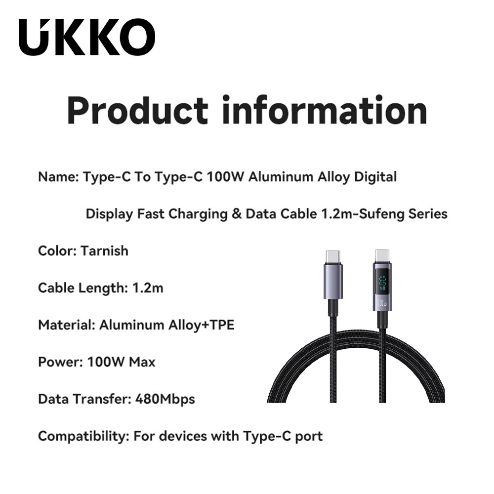 UKKO 急速 PD 100W Type-C to Type-C LED數位顯示充電編織傳輸線 1.2m-細節圖9