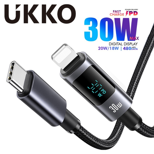 UKKO 急速 PD 30W Type-C to Lightning LED數位顯示充電編織傳輸線 1.2m