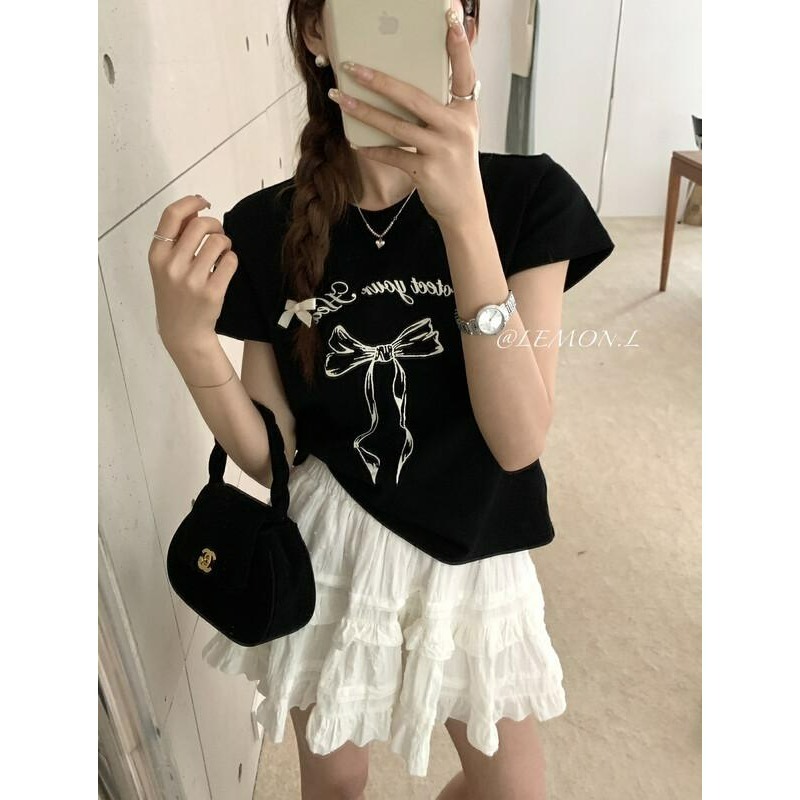 ☆現貨☆ʟᴇᴍᴏɴ sᴛᴜᴅɪᴏ韓系字母飄帶蝴蝶結印花棉T-細節圖5