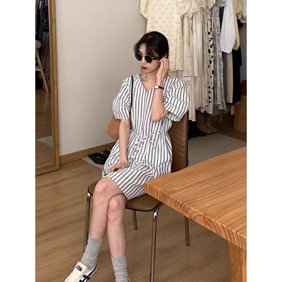 ☆現貨☆韓系V領條紋系帶連衣裙-細節圖2