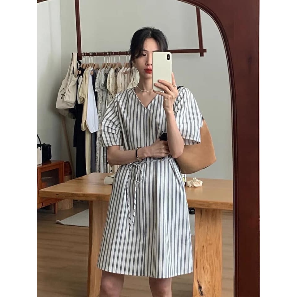 ☆現貨☆韓系V領條紋系帶連衣裙-細節圖3